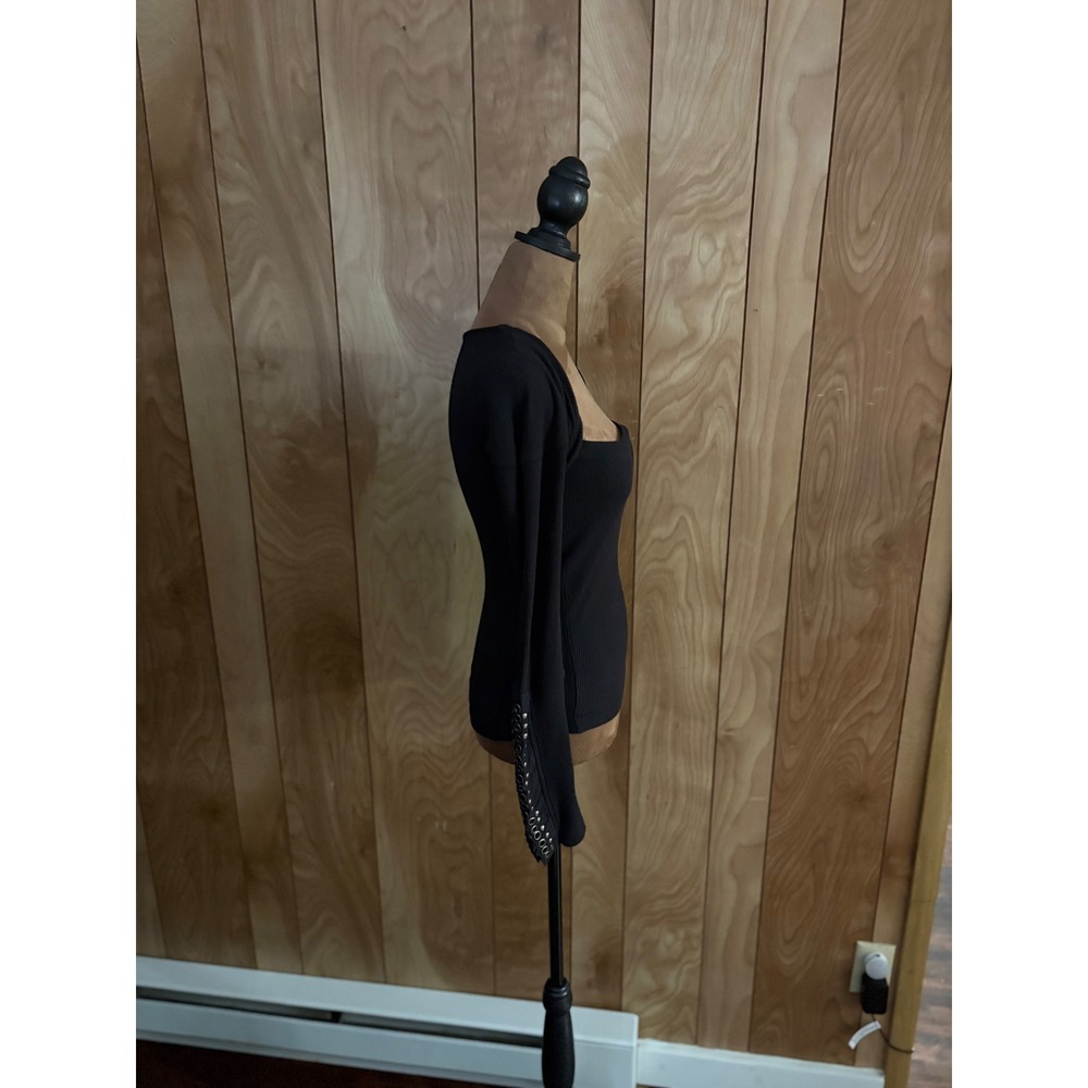 Free People Black Ribbed Square Neck Long Sleeve Grommet Cuff Top XS - Picture 2 of 9